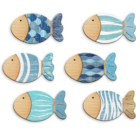 FLCSIed 4 Ps Wood Fish Nautical Beach Wall Decor Wooden Fish Wall Art Hanging Wall Sculpture Decor Ocean Decor Vintage Blue Fish Ornaments for Home Bathroom Bedroom Kid's Room