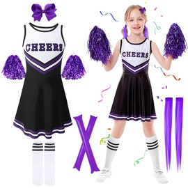 Kitimi Cheerleader Costume Children's Girls Children's Costume Cheerleading Outfit School Child Girl Uniform Dress with Pompoms Socks Hair Clips Cheer Sticks for Carnival Fancy Dress Party Fancy Dress