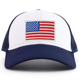 Armycrew White American Flag Patch Youth Size 6 Panel Trucker Baseball Cap - White Navy