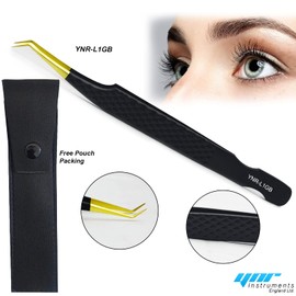 YNR Lash Eyelash Extension Tweezers, Japanese Stainless Steel Tools Straight Curved, Volume Tweezers Precision Angled Gold Tip with Free leather Case (YNR-L1GB)