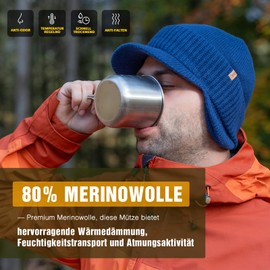 TOP-EX Unisex Waterproof Winter 80% Merino Wool Knitted Hat with Visor and Ear Flaps, Warm Fleece Lining, Ideal for Cold Weather and Outdoor Sports, Blue_Waterproof