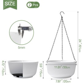 T4U 12 Inch Large Hanging Planters for Outdoor Plants, 2 Pack Self Watering Hanging Pots Indoor, Hanging Baskets for Plants,Hanging Flower Pot with Drainage Hole and Plant Hanger, White