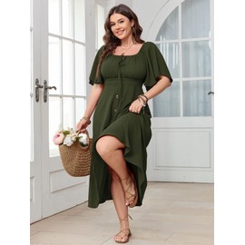 SHESTARR Plus Size Summer Dress Short Sleeve Square Neck Tie Front Smocked Button Down Flowy A-line Boho Maxi Long Dresses Army Green