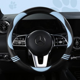 HighnessHwoo Car Steering Wheel Covers for Women Padded Carbon Fiber PU Leather Cute Auto Interior Accessories for Vehicle, Sedan, Universal, Anti Slip, Blue, Standard Size 14.5-15"(37-38cm)