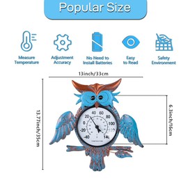 HOBYLUBY Indoor Outdoor Thermometer, Owl Wall-Mounted Thermometer Waterproof for Patio Garden Yard & Living Room, No Battery Needed