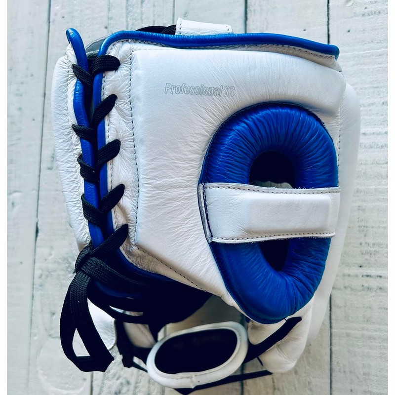 PRIZE RING "Professional SS" Genuine Leather Headgear White/Blue (L)