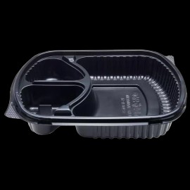 Karat 36oz PP Plastic Microwaveable Black Take Out Box, 3-compartments - 300 pcs