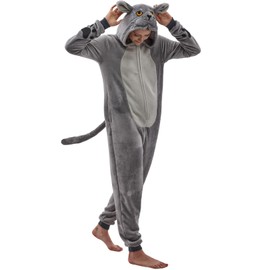 NEWCOSPLAY Unisex Adult Grey Cat Onesie Pajamas Animal One Piece Costume Cosplay Sleepwear (Grey Cat, Large)