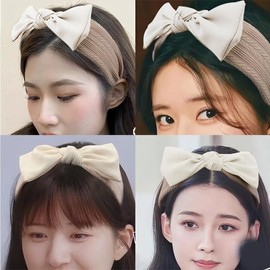 White Bow Headband Hairband for Girls Women Wide Knotted Hair Accessories Bowknot Hair Bands Head Hoop for Women Girls Vintage Knitted Makeup Headband Head Band for Girls Women