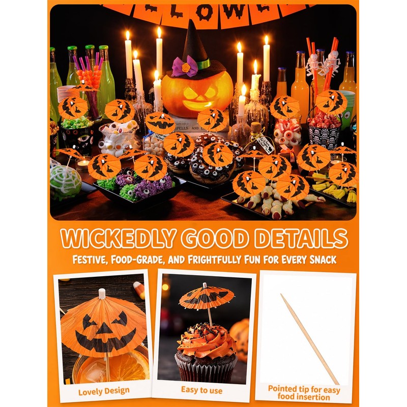 120Pack Halloween Pumpkin Drink Cocktail Umbrellas Picks