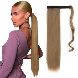TTPSRY Ponytail Hair Extension 24 Inch Long Straight Synthetic Extensions Braid Velcro Natural Straight Ponytail for Women (Light Brown)