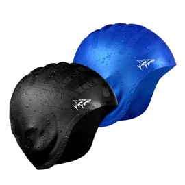Swim Cap for Long Hair 2 Pack Thicker Design Solid Silicone Waterproof Swimming Caps for Woman Adults and Men (Black+Blue)