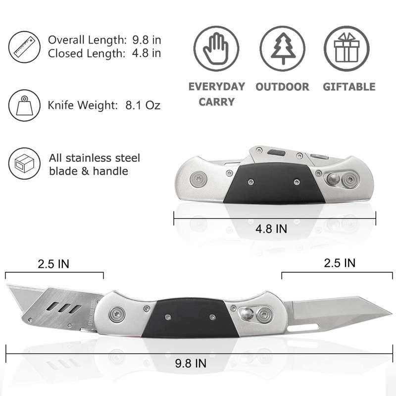 Folding Utility Knife with Sheath and 10 Razor Blades, Heavy