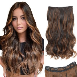 Extensiones de cabello castaño invisibles sin cables con 4 clips seguros mejorados, extensiones de cabello ondulado largo de tamaño ajustable para mujeres de 20 pulgadas (reflejos castaños)