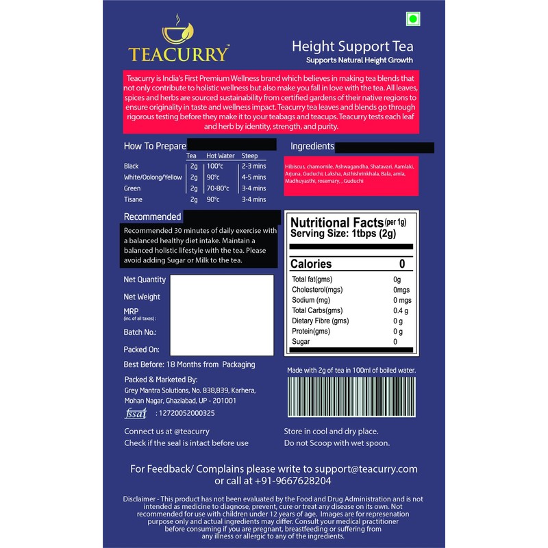Teacurry Height Support Tea (30 Tea Bags, 1 Month Pack)