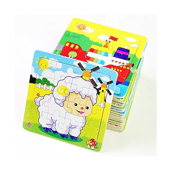 PROW® Wooden Jigsaws 16 Piece Toddler Square Puzzle Toy Elephant Panda Puppy Little Lamb Ship Train Plane Goose Cow Tiger Cock Frog Safe Education Learning Toys (12 Pack,Each 16 pcs)