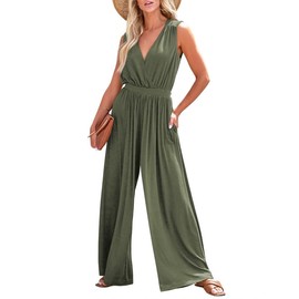 Dokotoo Jumpsuits for Ladies Dressy One Piece Elegant Long Pants Sleeveless Resort Wear V Neck Smocked Waist Off Shoulder Outfits for Summer Plus Size,Jungle Green Medium