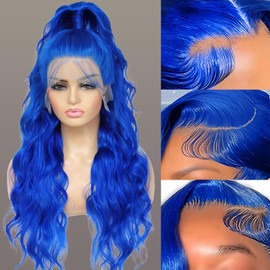Blue Lace Front Wig Human Hair Pre Plucked 180 Density Blue Wig Human Hair 34 Inch Blue Human Hair Wig Body Wave Colored Lace Front Wigs Human Hair 13x6 HD Lace Frontal Wigs Human Hair for Women