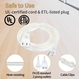 Zlierop 2 Prong Extension Cord 2 Pack, UL-Certified Thin Extension Cord, Clear Extension Cord, Male to Female Extension Cords 250V 10A, 15 ft Extension Cord for Lighting, Appliance