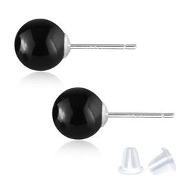 Black Agate Earrings for Women- Natural Gemstone Sterling Silver Stud Earrings, 8mm Natural Stone Earring, Black Agate/Red Agate/Opal Ball Earrings, Gemstone Jewelry Gifts for Women Girls(Black Agate)
