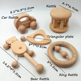 Alenybeby 5pcs Wooden Teether Set Natural Beech Wood for Girl and Boy Organic Montessori Grasping Teething Car Rattle Toys