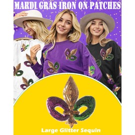 6 Pack Large Fleur De Lis Mardi Gras Iron on Patches, Glitter Embroidered Sequin Patches for Clothes Hat Jean Backpack Dress Sweatshirt Carnival Costume for Women