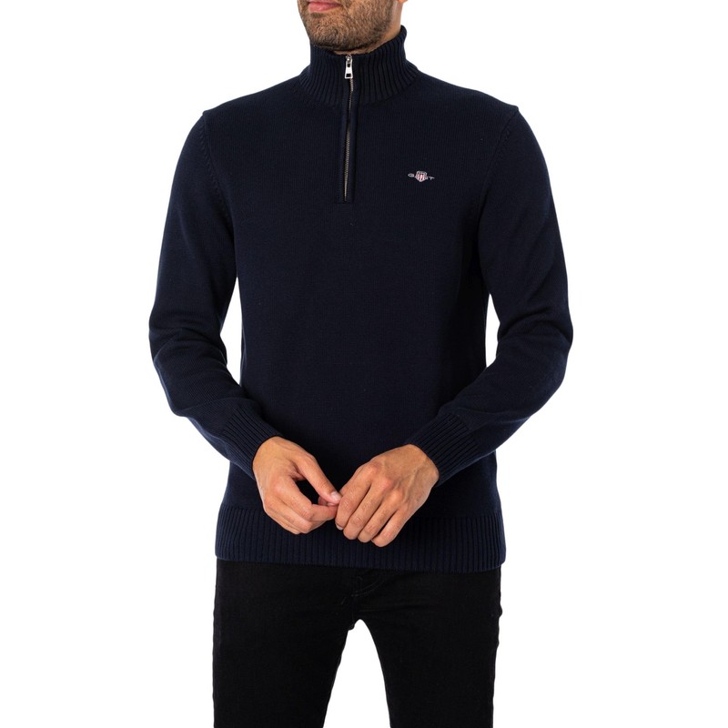 GANT Mens Cotton Half Zip Cream Sweater Navy M