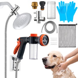 MALLMALL6 Dog Washing Hose Attachment with 100cc Soap Dispenser, 10-in-1 Spray Modes Foam Nozzle Sprayer with Metal 3-Way Shower Diverters & 6.6Ft Long Hose for Pet Bathroom Showering Indoor Outdoor