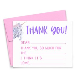 Unicorn Fill in the Blank Thank You Cards for Kids Fill In Thank You Stationery Set, Unicorns Fill in Thank You Notes for Girls, Thank You Note Cards with Envelopes, Your Choice of Colors and Quantity