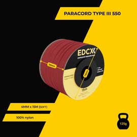 EdcX 4mm Nylon Paracord 550 15m (50 feet) - Type III, 100% Nylon Rope, 7 Strand Rope, 4mm Nylon Rope in Solid Colors (Red, 15 m)