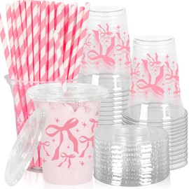 Whaline 50Pcs Pink Bow Plastic Cups with Lids and Straws Bow Knot Stars Clear Plastic Cups 12oz Disposable Cups for Birthday Baby Shower Party Supplies