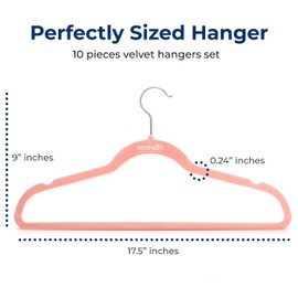 SereneLife 10 Pack Velvet Hangers - Non-Slip with 360° Swivel Hook - Ultra-Thin, Lightweight Velvet Hangers for Shirts, Sweaters, Hoodies, Kids Clothes & Dresses - Space-Saving (Pink)