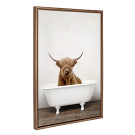 Kate and Laurel Sylvie Highland Cow in Tub Color Framed Canvas Wall Art by Amy Peterson Art Studio, 23 x 33, Gold, Humorous Animal Wall Décor