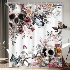 AMBZEK Gothic Skull Shower Curtain 60Wx72L Inch Pink Floral Butterfly Rose Flowers Spooky Scary Bone Romantic Horror Artwork Cloth Fabric Waterproof Polyester Bathroom Decor Set with 12 Pack Hook