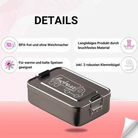 elasto Robuste Brotdose Anthrazit Brotbüchse Brotbox mit Name und Coolem LKW Motiv Lunchbox mit Gravur Aluminium Vesperdose Pausenbox mit Name BPA-Frei Vorratsdose Brotdose Personalisiert aus Metall (LKW)