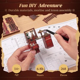 FUNPOLA LED 3D Puzzle Magic Studio Book Nook Kit - DIY Wooden Mechanical Miniature Bookshelf Insert with LED Lights and Music Box - Creative Gift for Adults and Teens