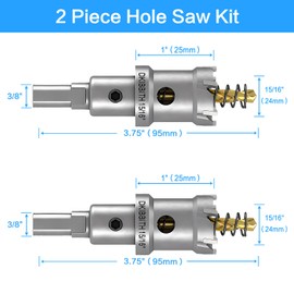 DKIBBITH TCT Hole Saw Set, 2-Pack 15/16" (24mm) Heavy Duty Tungsten Carbide Tipped Hole Cutters for Stainless Steel, Copper, Iron, Brass, Plastic with Titanium-Plated Pilot Drill Bits