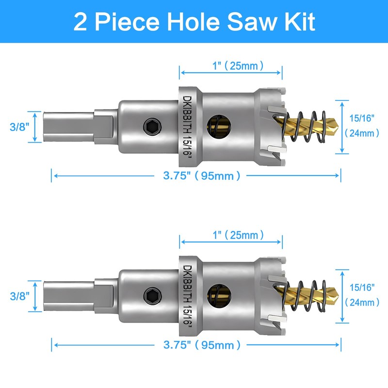 DKIBBITH TCT Hole Saw Set, 2-Pack 15/16" (24mm) Heavy Duty