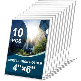 Acrylic Slanted Sign Holder 4 x 6,10 Pack Clear Plastic Table Display Vertical Double-Sided Desktop Display Stand Paper Holder Clear Table Sign Holder for Menu ad Frame Suitable Restaurants Meeting Office Store