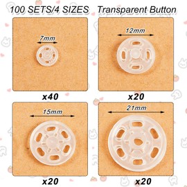 Chuangdi 100 Pairs Press Studs Snap Fasteners Sew on Fasteners Invisible Plastic Buttons for DIY Clothes Buttons Shirt Sew-on Buttons, 7 mm, 12 mm, 15 mm, 21 mm (Clear Color)