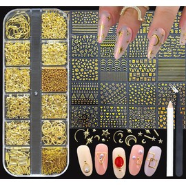 Gold Nail Charms Nail Art Kit with 30 Sheets Gold Nail Stickers 3D Star Moon Nail Charms Self-Adhesive Nail Decals Gold Nail Art Tools Kit Nail Supplies for Women Nails Manicure Nail Art Decoration