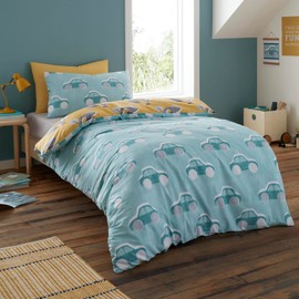Bedlam - Cool Cars - 100% Cotton Duvet Cover Set - Baby/Cot Bed Size in Duck Egg, Cot/Baby, Blue/Yellow