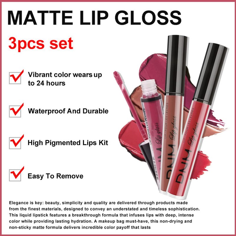 3 Colours Matte Liquid Lipstick Waterproof Durable Liquid Lip Gloss