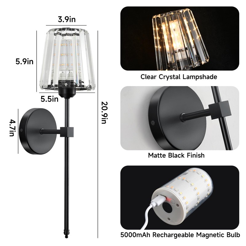 Battery Operated Crystal Wall Sconces Set of 2, Black Wireless