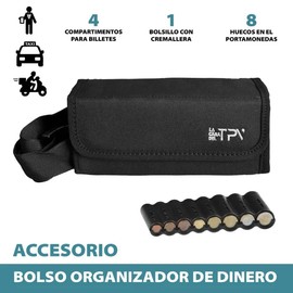 Money Organizer with Coin Holder – Bum Bag Waiter – Taxi Coin Holder – Coin Sorter – Dispenser with 8 Holes – 4 Bill Organizers – Adjustable Belt – Black Purse, Black/White, 21,5 x 9,5 x 7,5 cm