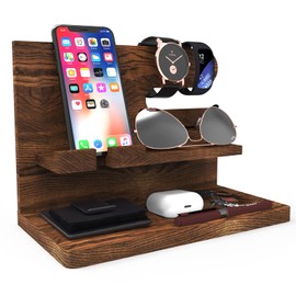 Iswabard Birthday Gifts for Men Valentines Day Gifts for Men Gift for Dad Wood Phone Docking Station Organizer Wood Bedside Organizer
