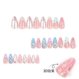 24Pcs Long Press on Nails Almond French False Nails with Glue 3D Curves Acrylic Pink Green Flower Design Glitter Fake Nails Gradient Press on Nail Tip Pink Butterfly Floral Stick on for Women Manicure