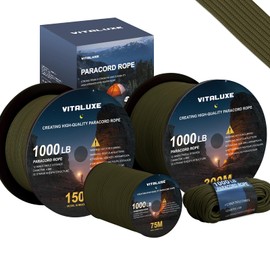 VITALUXE Paracord 1000 lb, 4 mm 12-Strand Parachute Cord, Tactical Parachute Cord, 30/75/150/300 m Survival Gear for Camping, Outdoor, Hiking, Ideal for DIY, Type III, 30 m, Army Green