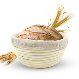 Vollum Banneton Bread Proofing Basket Sourdough Proofing Basket for Beginners & Professional Bakers, Handwoven Rattan Cane Bread Maker with Linen for Artisan Breads, 7 x 4 Inch, 0.5-Pound Round