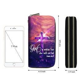 FQTBCEARI Cross Quote Bible Verses Psalm 46:5 Print Women Large Capacity Wallet PU Leather Double Zipper Clutch Purse for Smart Phone/Card/Coin/Cash